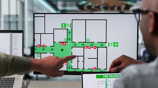 Fire Safety Officer Reviewing Building Evacuation Map During Emergency