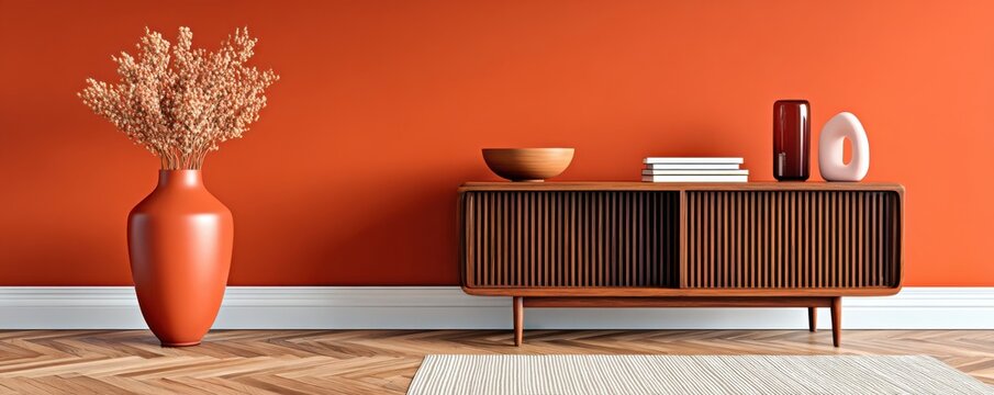 Minimalist modern interior with a vibrant orange wall, decorative vase and wooden sideboard