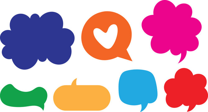 Colorful speech bubbles set with 7 flat vector icons, vibrant chat clouds for social media, bright message bubbles with heart symbol for communication isolated on Transparent Background