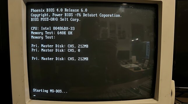 Retro computer monitor displaying phoenix bios 40 boot screen with intel processor information Ai Generated.