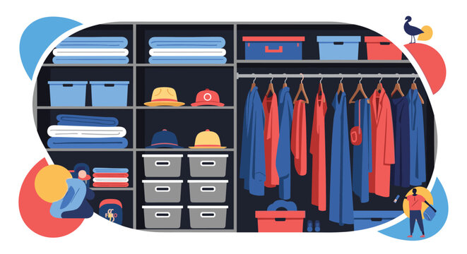 Detailed illustration of an organized closet featuring shelves of folded clothes, storage boxes, hats, and a full hanging rail of garments.