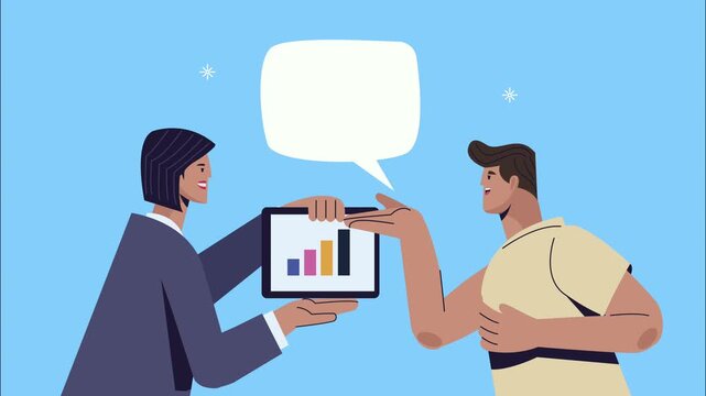 Businesswoman showing financial statistics on tablet to client in flat animation.