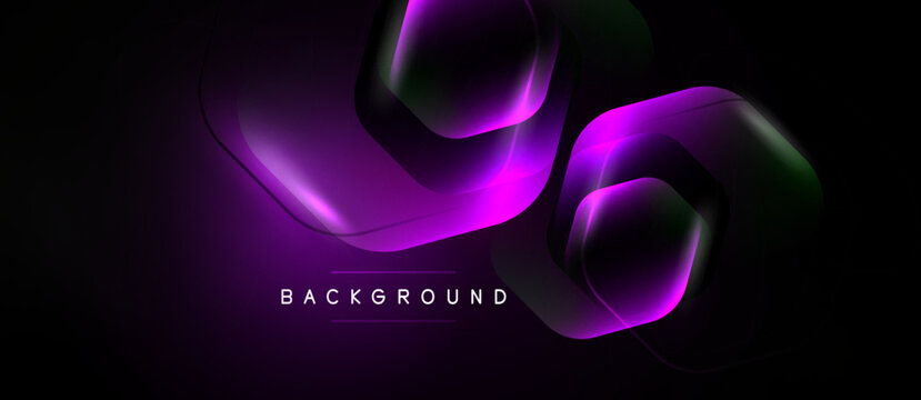 Abstract neon shapes overlap dark background. Vibrant purple, green hues create modern design. Smooth gradients add depth, texture.