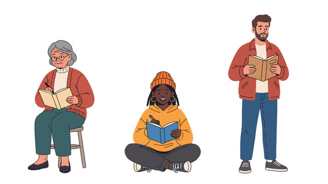 Three diverse people of different ages reading and writing in books, representing education and personal growth.