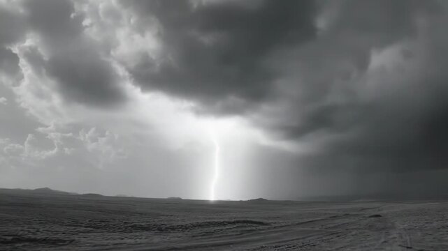 Massive storm forming above an expansive open landscape, with a bright lightning flash illuminating the intense dark clouds and flat prairie terrain during severe weather conditions