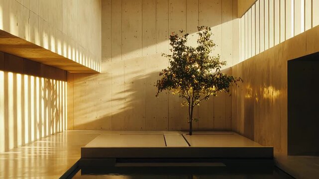 Modern minimalist architecture revealing a tranquil indoor pool with a young tree, illuminated by abstract patterns of sunlight and shadow casting reflections on the water and wooden walls