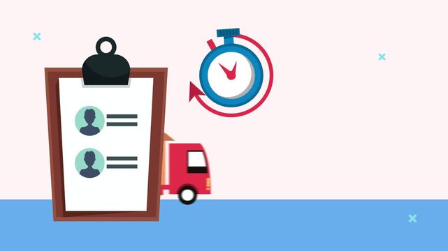 Dynamic animated graphic of delivery truck and checklist, representing logistics and shipping speed.