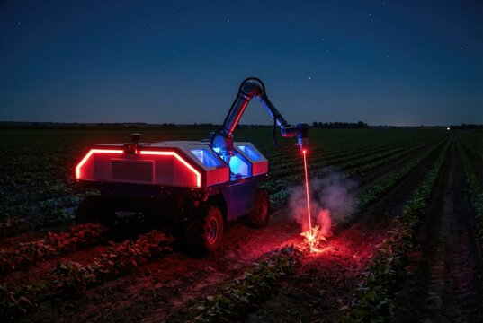 Precision agriculture robot performing automated nighttime weed zapping with lasers