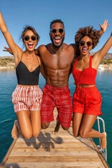 Fototapeta premium Three friends jumping off a dock into a lake on a sunny summer day, smiling and carefree