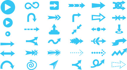 Fototapeta premium Blue arrow icon set with 36 vector elements, flat directional pointers and navigation symbols, light blue graphic interface buttons for web design