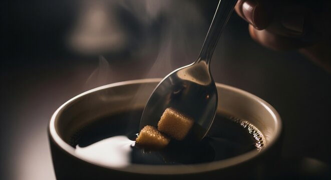 Close-up of a spoon gently dropping amber sugar cubes into a steaming cup of dark coffee, highlighting a cozy morning ritual of sweetening a warm beverage for a comforting start to the day