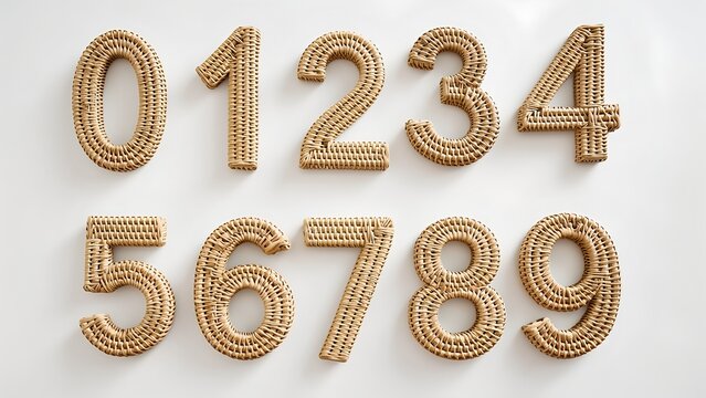 3D isometric number set 0-9 with Raffia Straw Weave texture, isolated on white background.