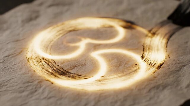 Glowing om symbol drawn in sand.