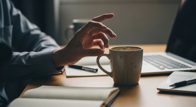 Morning routine with a hand reaching for a coffee cup on a wooden desk, surrounded by a laptop and notebook, symbolizing a focused and productive start to the workday