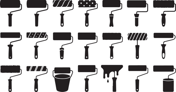 Set of black paint roller icons for home improvement and wall renovation projects