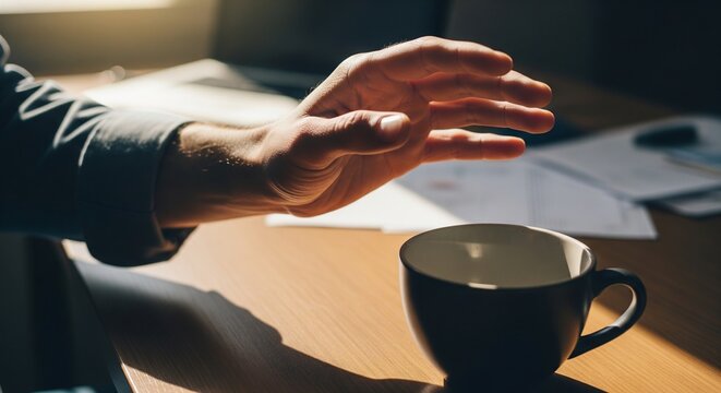 A tranquil moment of pause, with a person's hand resting near an empty coffee cup on a sun-drenched wooden desk, symbolizing a brief respite during a busy workday or a quiet morning routine