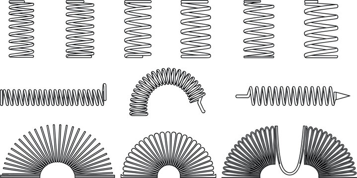 Vector set of different coil and spring illustrations including compression extension torsion and slinky toy elements in clean technical line style design.