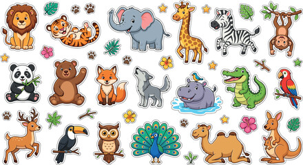 Obraz premium Cute Wild Animal Sticker Collection with Lion Tiger Elephant Giraffe Zebra Monkey Panda Crocodile and Safari Characters