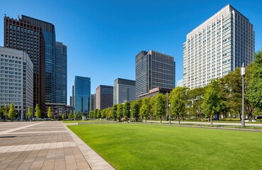 Obraz premium Modern Business District with Lush Green Park and Tall Office Buildings Under Clear Blue Sky