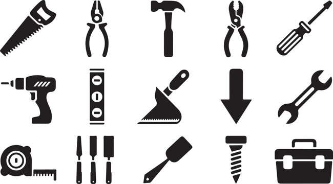Set of construction tools and hardware icons for repair and home improvement projects