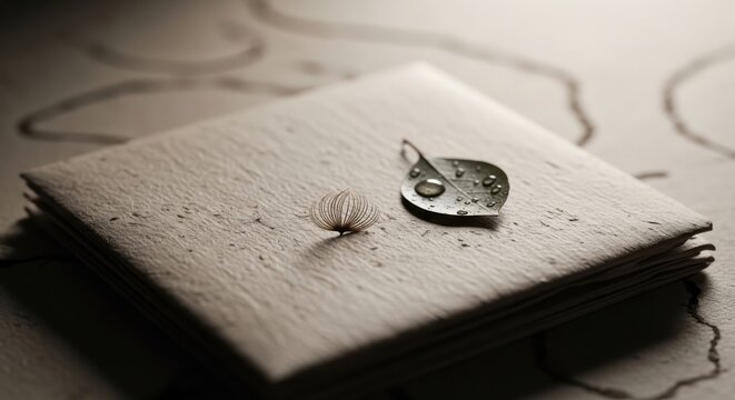A close-up view of a stack of papers with a metal paperclip and a button on top, resting on a surface with a circuit pattern.
