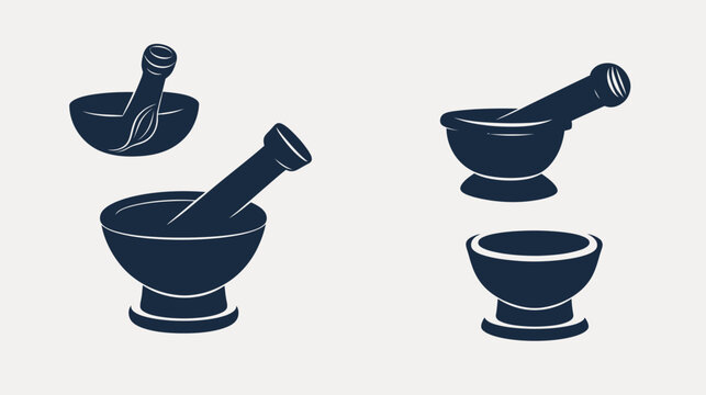 A stylized illustration depicting various mortar and pestle arrangements in a simple, flat design