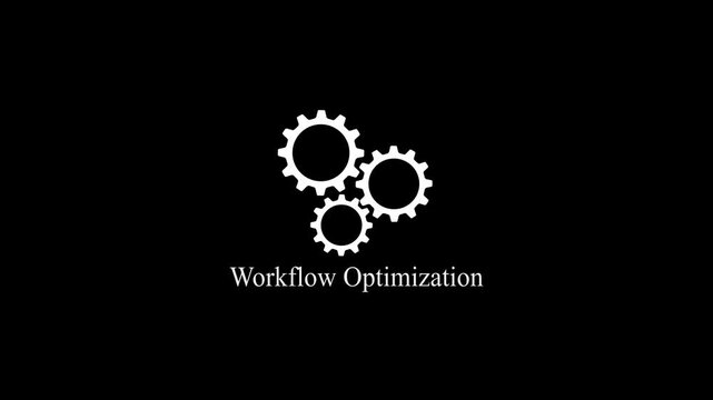 Animated White Gear Mechanism with Workflow Optimization Text on Black Background Representing Business Process Improvement and Productivity.