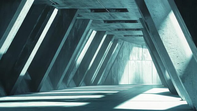 Modern brutalist interior creating abstract patterns of light contrasting with deep shadows across the textured concrete floor and angular walls. Evoking a sense of powerful design and geometric space