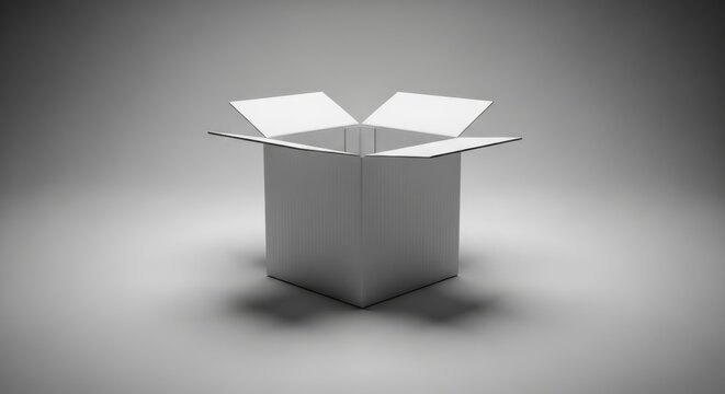 An open cardboard box sits on a plain surface in a studio.