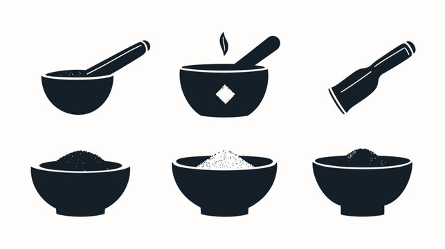 A collection of culinary icons, showcasing a mortar and pestle in several stages of use