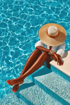 Woman relaxing by a bright blue pool wearing a wide straw sunhat and white cover-up