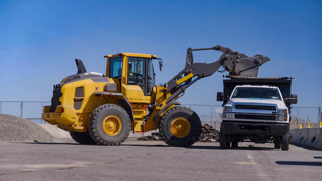 Sand loading process with front loader and dump truck