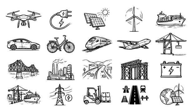Modern Industrial and Transportation Doodle Icons with Energy Vehicles and Steel Structure Symbols