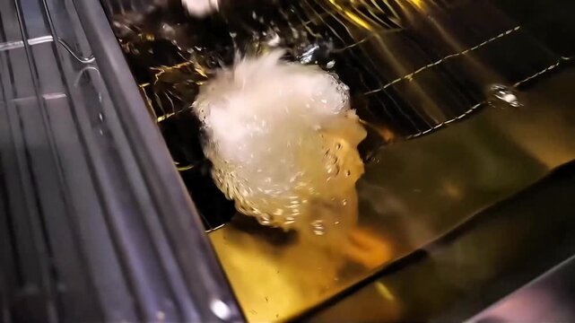 Industrial frying process with crispy food being cooked on a large metal griddle for commercial production and culinary preparation