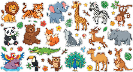 Obraz premium Cute Wild Animal Sticker Set with Lion Tiger Elephant Giraffe Zebra Monkey Panda and Jungle Safari Characters