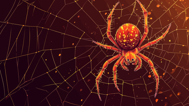 Close-up of an orange spider on a detailed web with dark background