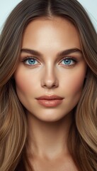 Naklejka premium A close-up portrait of a young woman with blue eyes, flawless skin, and long, light brown hair looking directly at the camera.