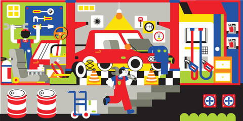 Naklejka premium Auto Repair Shop Interior with Tools and Car Service Station Illustration