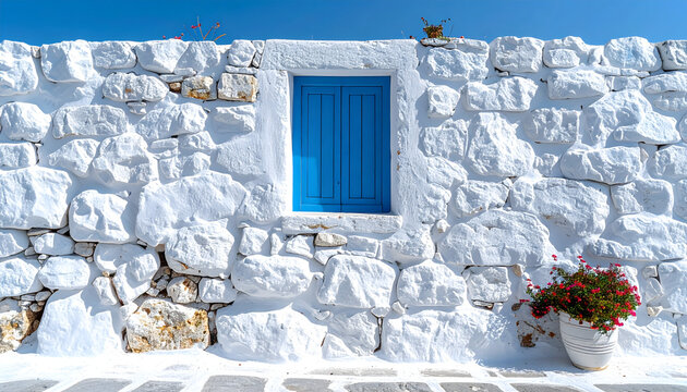 Mediterranean stone wall with thick white lime paint softening irregular shapes featuring a bright blue wooden shutter frame Greek island generative AI