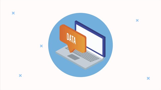 Isometric laptop computer with orange data speech bubble and blue background animation showing digital information processing.