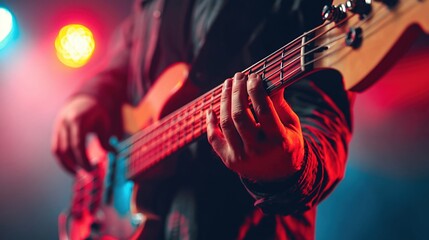 Naklejka premium Musician Playing Bass Guitar with Red and Blue Stage Lights at a Concert