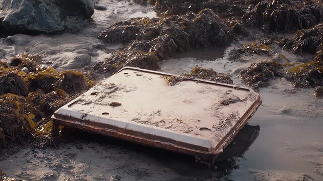 Polystyrene box discarded on a sandy beach among seaweed, illustrating plastic waste causing coastal pollution and environmental damage to marine habitats