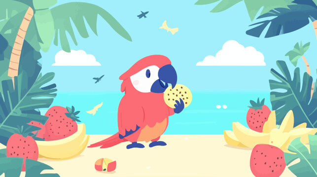 Cartoon parrot eating fruit on tropical beach with lush foliage