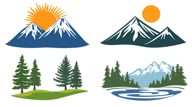 Four landscape illustrations mountains with sun and snow, trees on grassy hill, and lake scene
