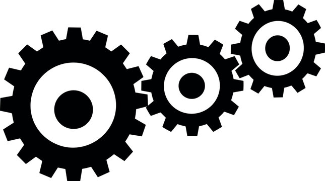 Three Black Mechanical Gear Wheels Set Interlocking Cog Symbols for Industrial Technology and Engineering Design on White Background