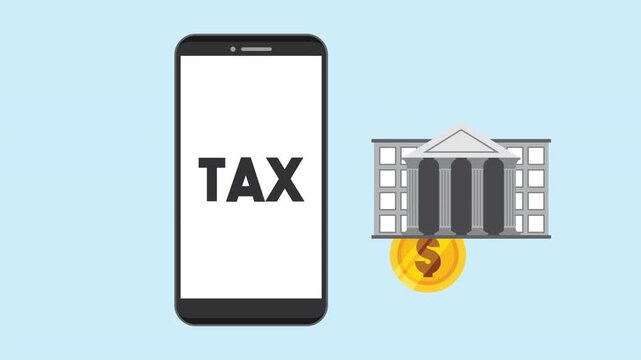 A motion graphic showing tax word on smartphone screen with bank building and dollar coins on blue background, online tax payment concept.