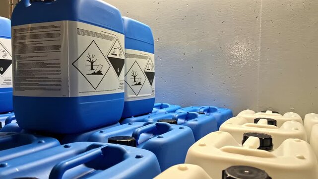 Chemical warning labels on containers, industrial safety precautions