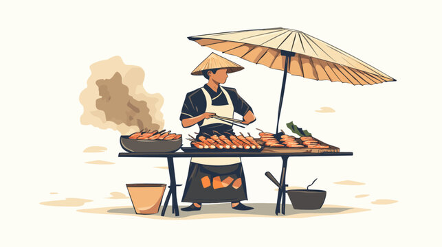 A street vendor wearing a conical hat and apron cooks skewered food on a grill under a large beige umbrella