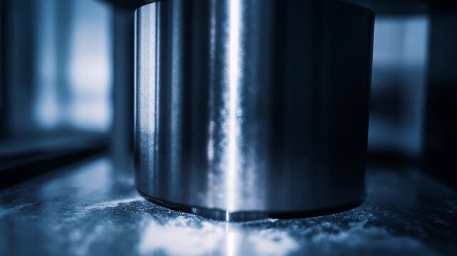 Close up of a metal object on a dusty surface, illustrating a pressing process during advanced material production using specialized industrial machinery in a scientific research laboratory