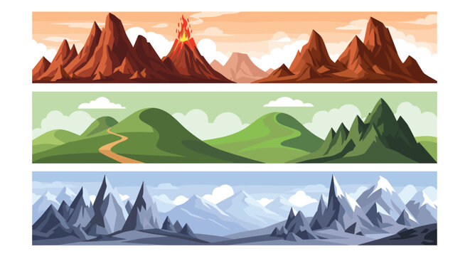 Set of three horizontal landscape banners featuring volcanic mountains green hills with a path and snowy peaks.